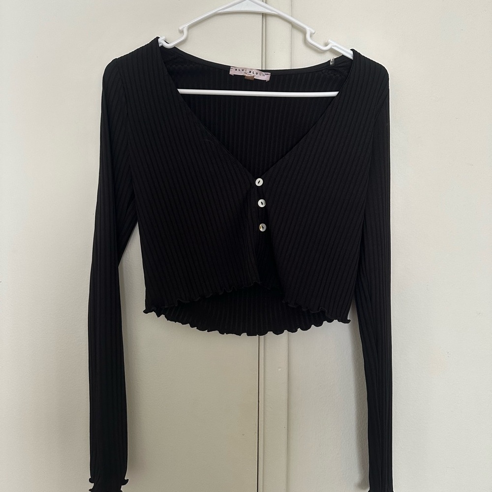 Blue Blush Black Ribbed Button-Up Long Sleeve Top